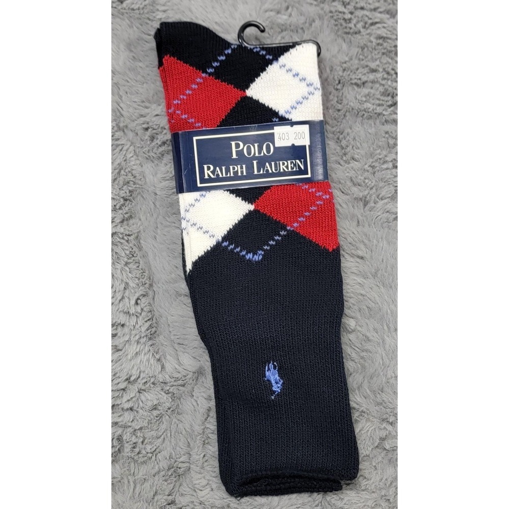 Vintage Polo Ralph Lauren Socks Mens 10-13 Navy Red Argyle Pony Mid Calf 90s